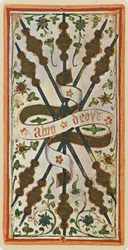 Die Fünf der Stäbe, Faksimile einer Tarotkarte aus dem 